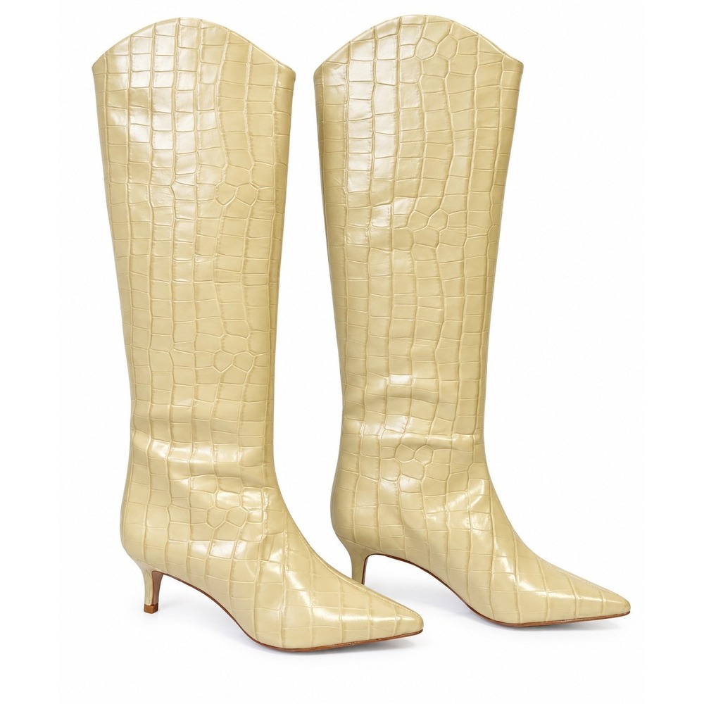 NIB SCHUTZ Maryana Knee High Croc Embossed Leather Boots Size 11B Almond Buff